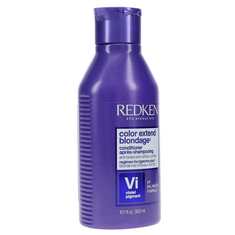 Purple bottle of Redken color extend blondage conditioner on a white background