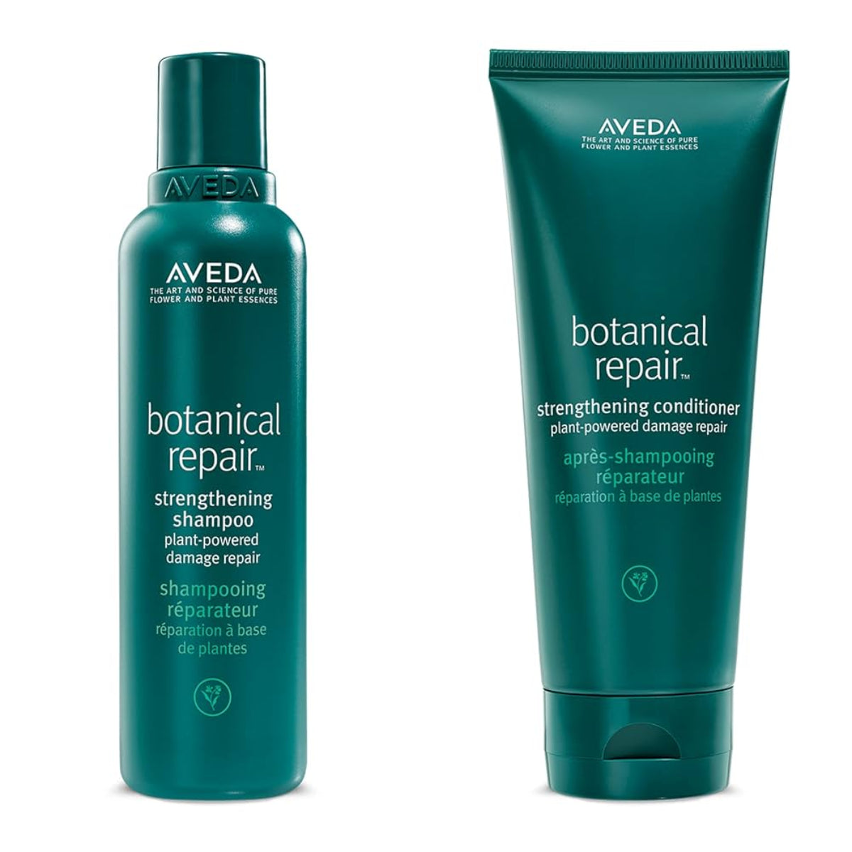 Aveda botanical repair shampoo and conditioner on a white background