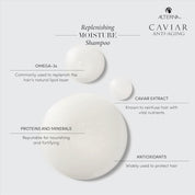 Replenishing Moisture Shampoo with ingredients listed on a white background, featuring Alterna Caviar Anti-Aging branding.