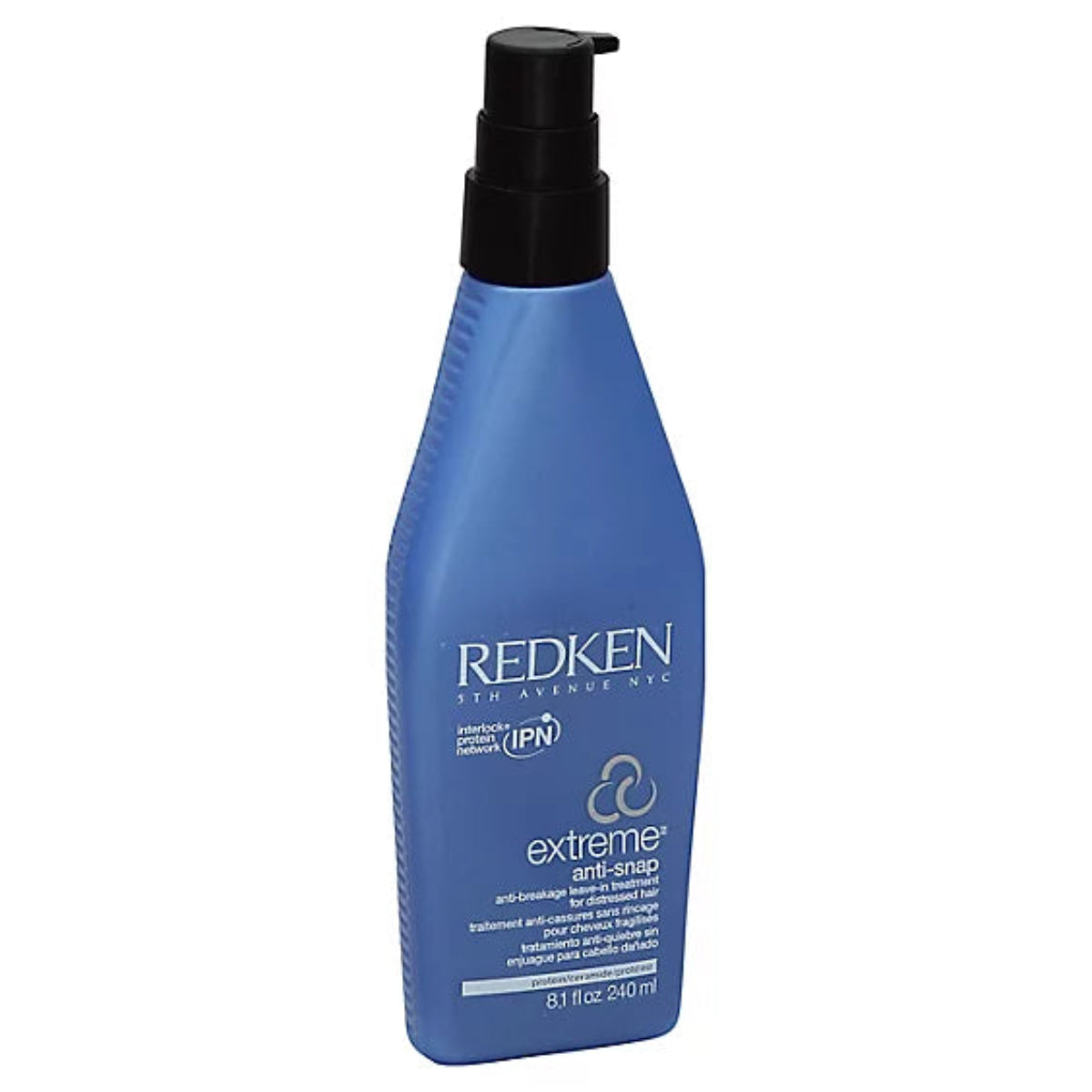 Blue bottle of Redken Extreme Anti-Snap hair product on a white background
