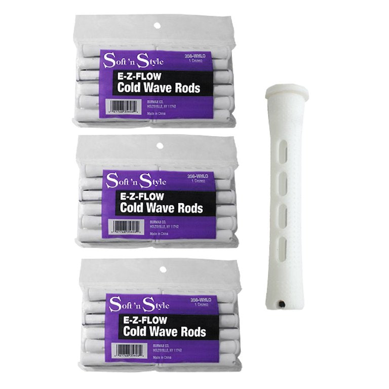Three packages of Soft 'n Style E-Z-Flow Cold Wave Rods with a white rod on a white background.