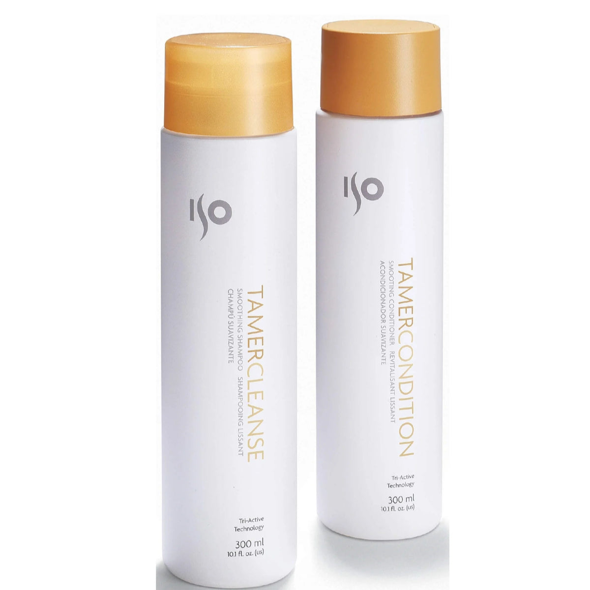 Two ISO hair care bottles, one labeled 'Tamer Cleanse' and the other 'Tamer Condition', on a white background.