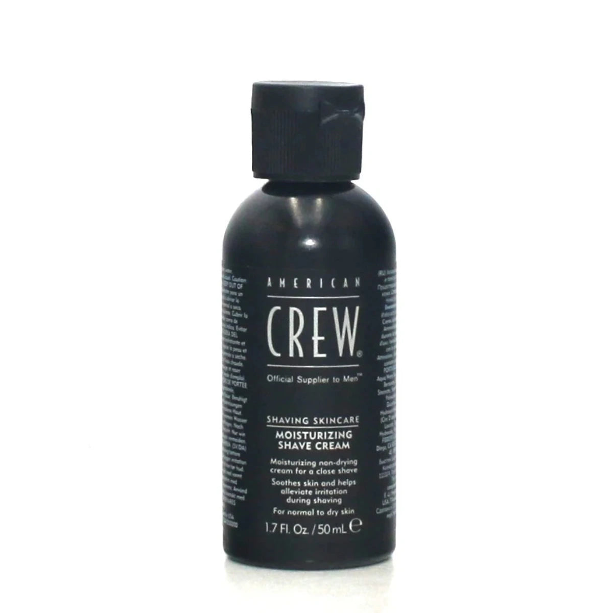 Black bottle of American Crew shaving cream on a white background