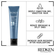 Redken hair care product with benefits listed on a white background