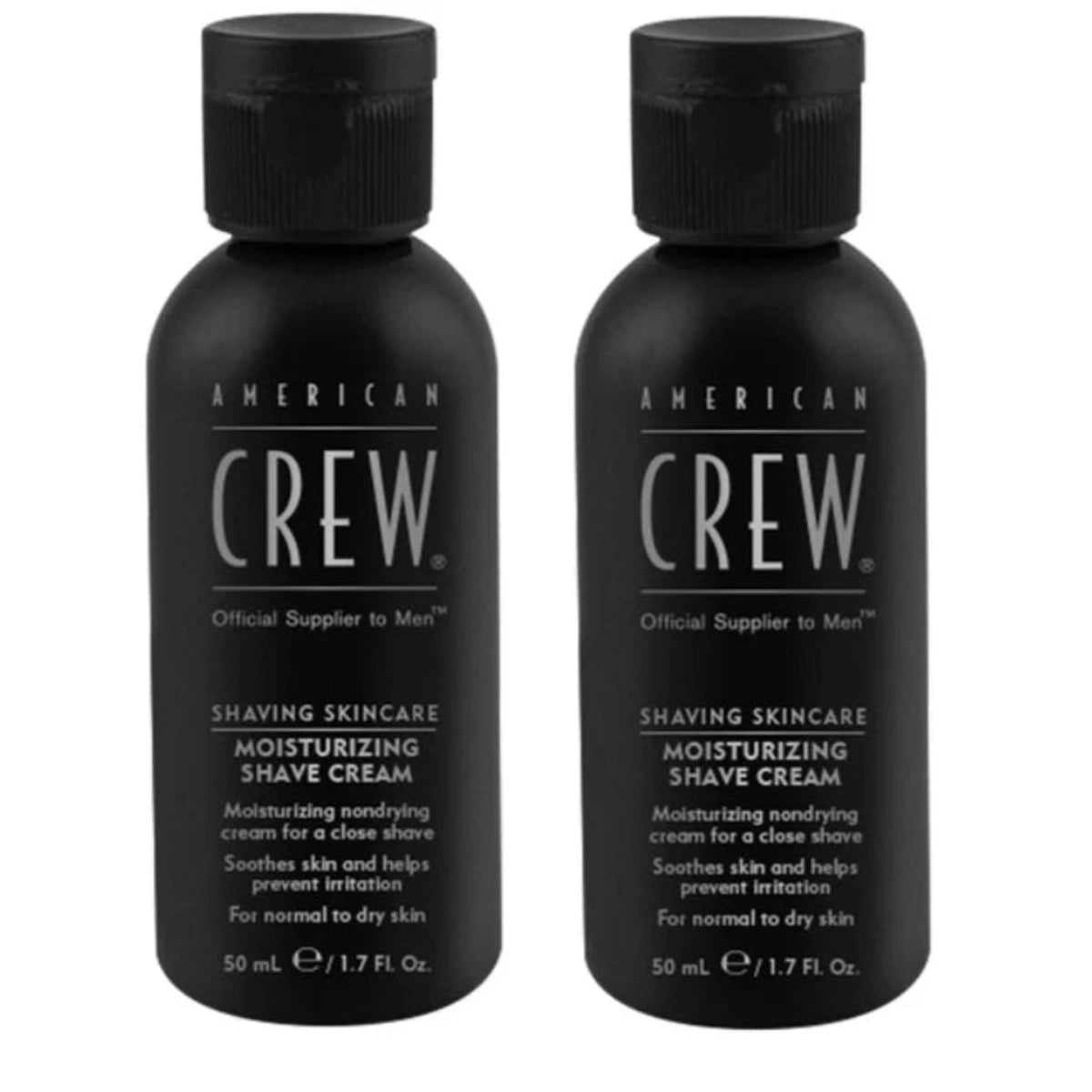 Two bottles of American Crew shaving cream on a white background